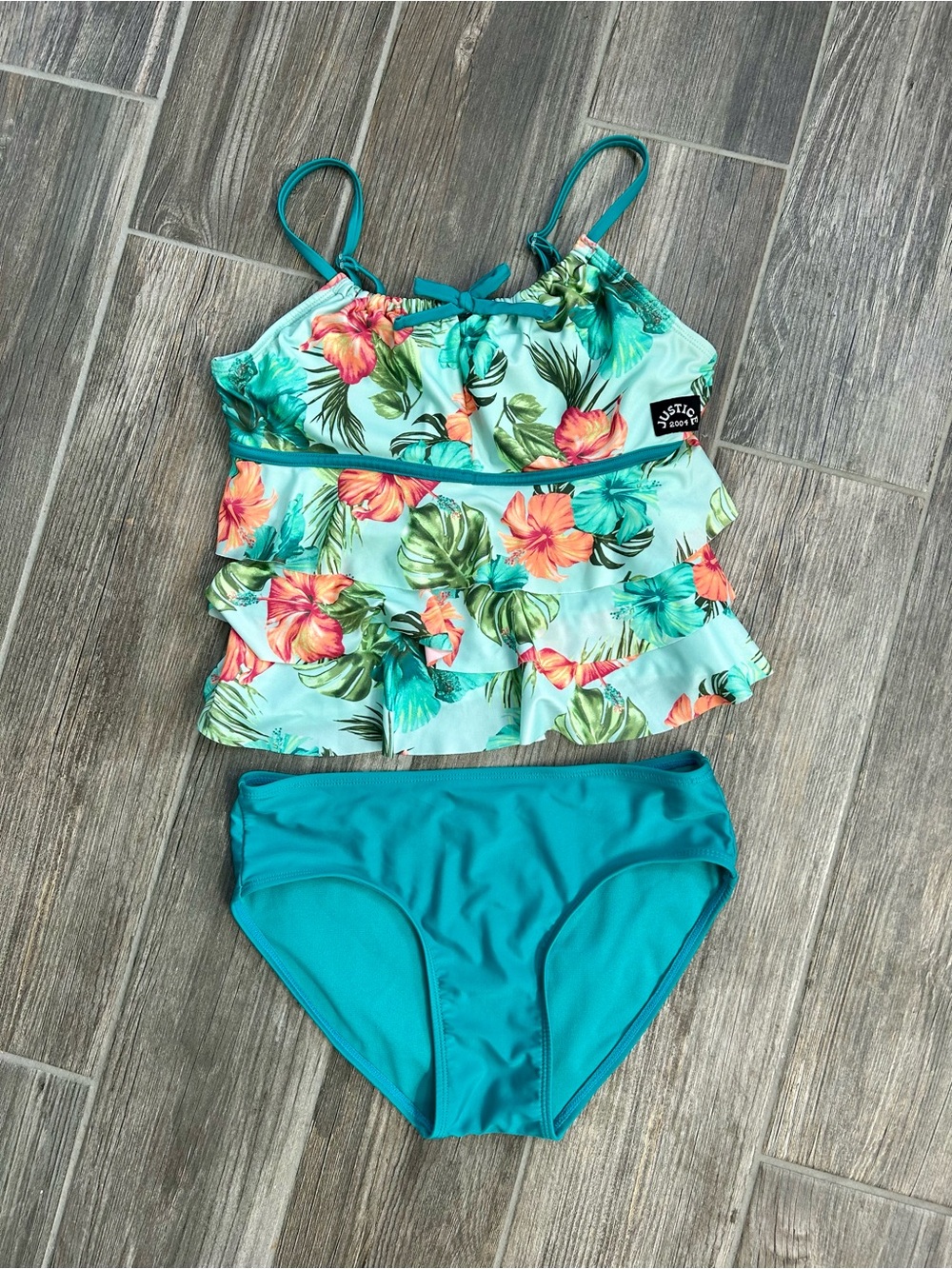 Justice Girls Tropical Floral Triple Ruffle Tankini Set Size XL (16/18)